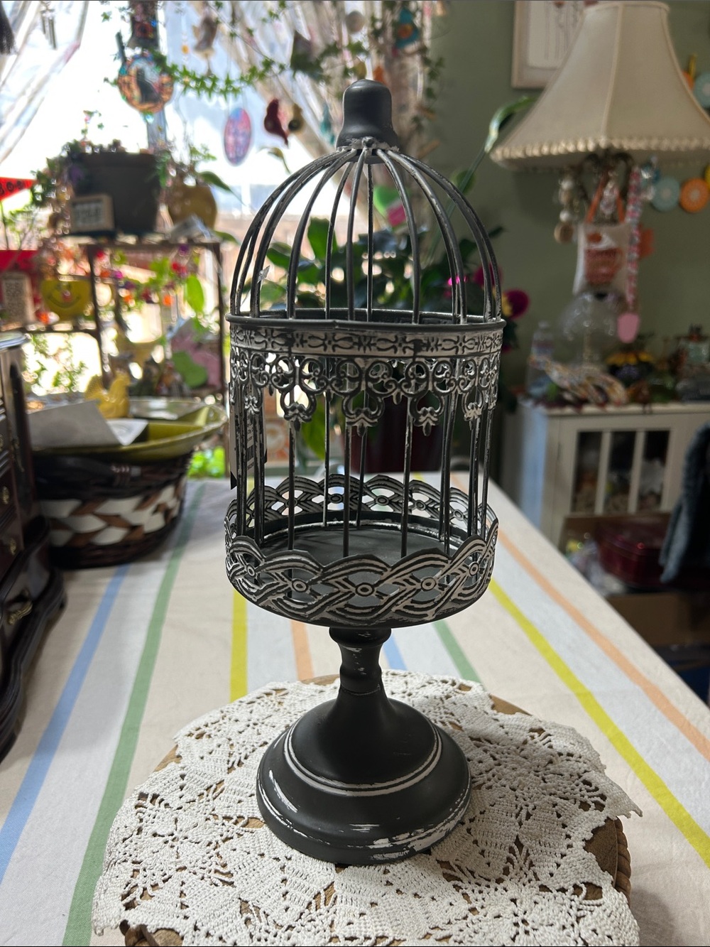 Vintage-Inspired Black Metal Distressed Decorative Bird Cage On A Pedestal NWT